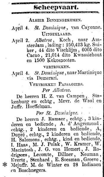 Vertrekbericht (in een lokale Surinaamse krant) van 6 april 1883