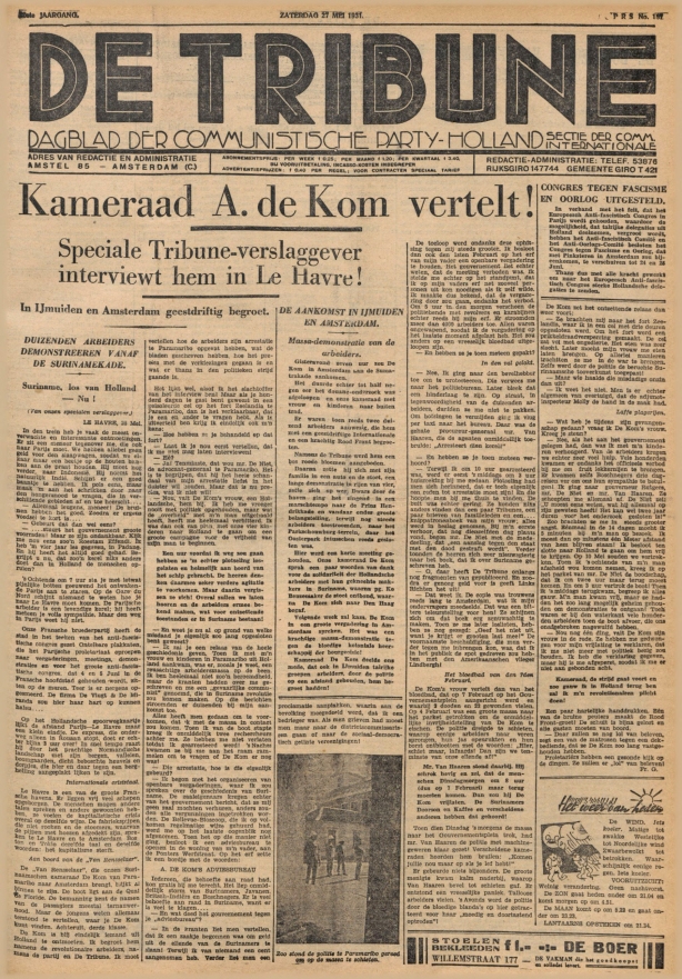 Voorpagina van 'De Tribune' op 27 mei 1933, met daarop het historische interview.