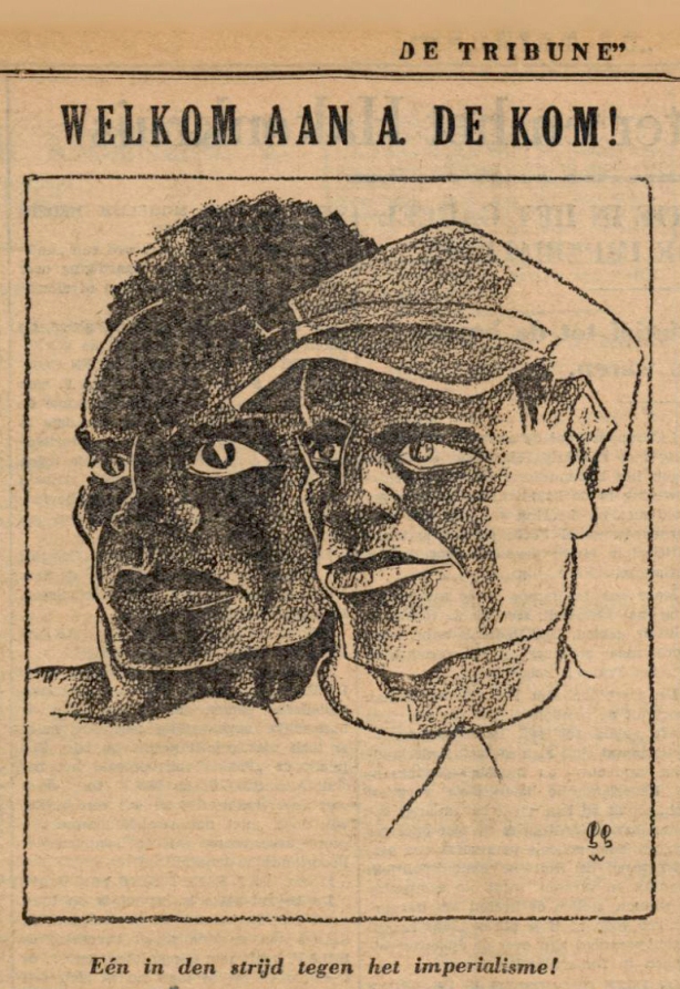 De Tribune besteedt veel aandacht aan Anton de Kom in de editie van 27 mei 1933, waarin zijn historische interview verschijnt. Middels deze tekening wordt de solidariteit met het streven van kameraad De Kom uitgebeeld.
