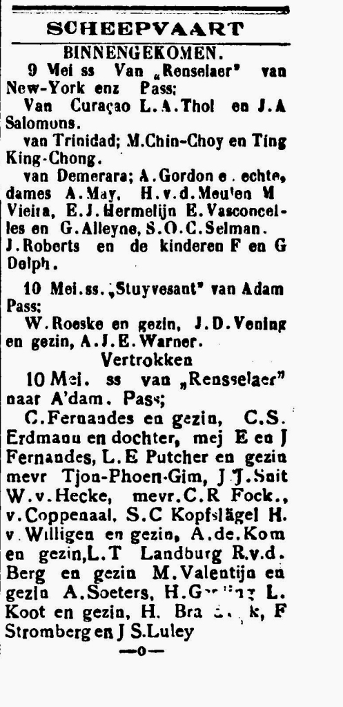 Bericht van vertrek op 10 mei 1933 van Anton de Kom en zijn gezin. In 'De Banier' van 13 mei 1933.