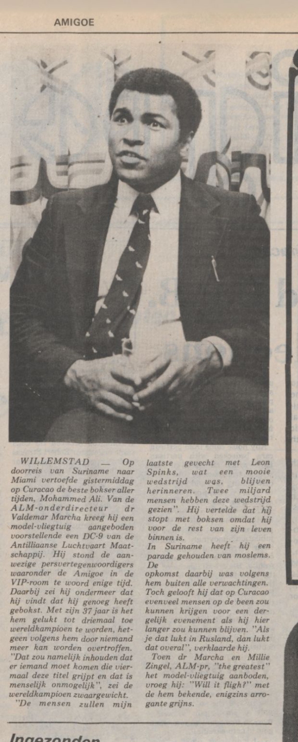 Muhammad Ali reisde op donderdag 26 april via Curaçao naar Miami. Daar sprak hij ook met de pers. De Curaçaose krant Amigoe publiceerde een fotobericht op donderdag 26 april 1979.